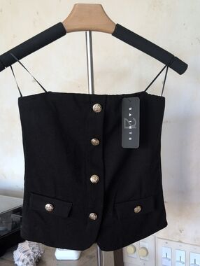NWT 2  Saints Strapless Black Vest Corset Tube Top with Gold Buttons